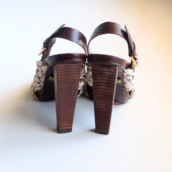 LAMB Brown Leather & Cream Canvas Sling-back Open Toe Sandals / Heels / Shoes 7. - Picture 7 of 14